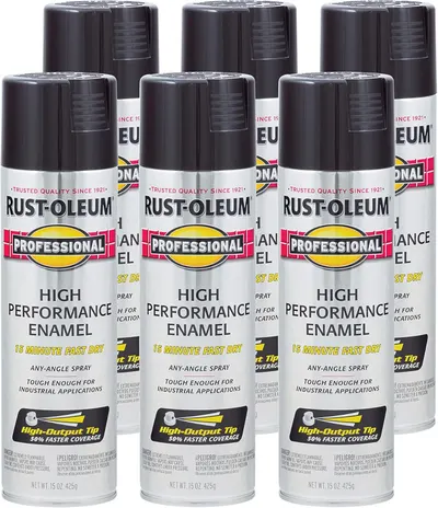 Shows the core sellable product - a 6-pack of Rust-Oleum Professional High Performance Enamel spray paint cans - clearly displaying the brand, product line, and key features like fast dry time and…