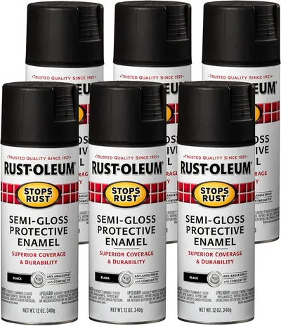 Shows the core product clearly - six cans of Rust-Oleum semi-gloss protective enamel spray paint in black, allowing shoppers to see exactly what they will receive in this multi-pack purchase.