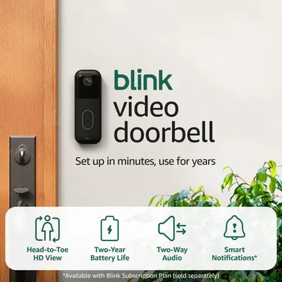 Showcases the Blink video doorbell as the core product in a lifestyle setting, emphasizing its quick setup and durability to reassure shoppers of its convenience and reliability. Displays the…