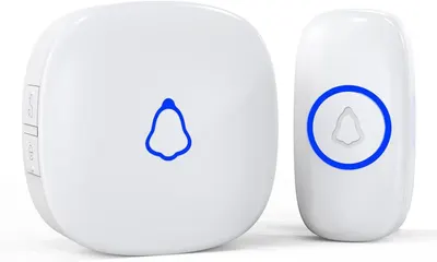 Shows the complete doorbell system with both the receiver unit and transmitter button to communicate that this is a two-component wireless solution.