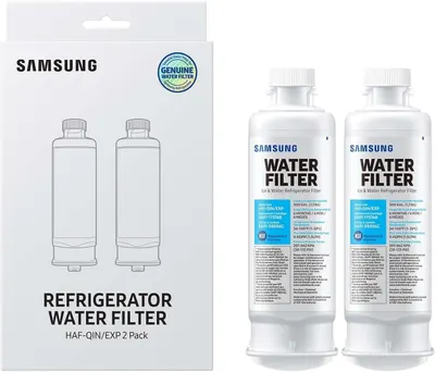 Shows the core product - a 2-pack of Samsung refrigerator water filters - clearly displayed to communicate what the buyer will receive. Displays the retail packaging alongside the actual filters to…