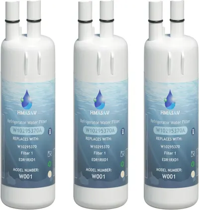 Shows the core product clearly—three identical refrigerator water filters—allowing shoppers to see exactly what they will receive in this multi-pack purchase. Uses subtle drop shadows beneath each…