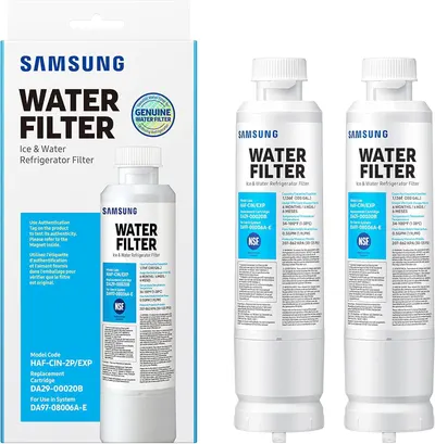 Shows the core product - Samsung water filters for refrigerators - clearly displaying both the retail packaging and the two included filter cartridges to communicate what the buyer receives.…
