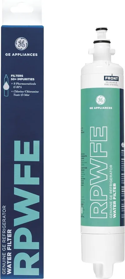 Displays the GE refrigerator water filter clearly to show shoppers exactly what they will receive, emphasizing its genuine GE branding and filtration capabilities. Shows the retail packaging…