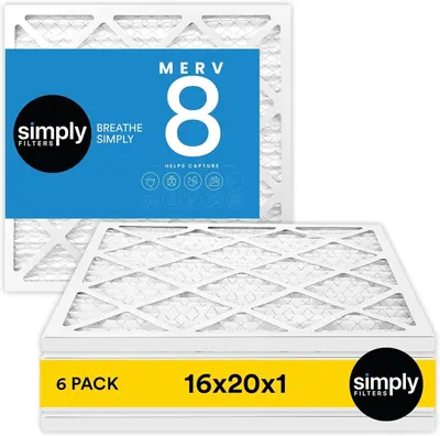 Shows the core product—a 6-pack of 16x20x1 MERV 8 air filters—clearly displaying the filters and packaging to communicate what the shopper will receive. Displays the retail packaging sleeve with…