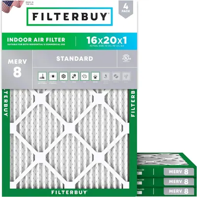 Shows the product in its retail packaging to communicate brand, specifications (16x20x1, MERV 8), quantity (4-pack), and key features (filters household dust, pollen, mold, dander, etc.), helping…