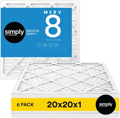 Shows the core product—a 6-pack of 20x20x1 MERV 8 air filters—clearly displayed with packaging to communicate what the shopper will receive. Displays the retail packaging with branding and MERV 8…