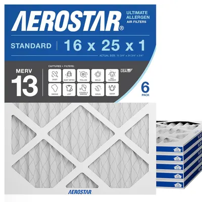 Shows the core product, an air filter with MERV 13 rating, clearly displaying its size, filtration capabilities, and that it comes in a 6-pack to communicate value and functionality to shoppers.…