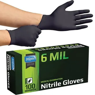 Shows the core product (black nitrile gloves) being worn to demonstrate fit and appearance, alongside the retail packaging to communicate brand, quantity (100 count), and thickness specification (6…