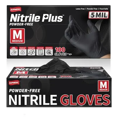 Shows the retail packaging of powder-free nitrile gloves to communicate the product specifications, quantity, and professional-grade quality to shoppers. Displays the physical retail packaging that…