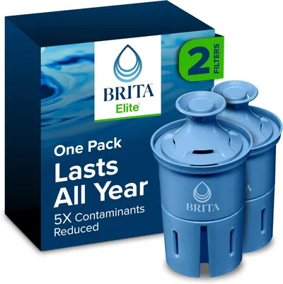 Shows the core product - two Brita Elite water filter cartridges - clearly displayed alongside their retail packaging to communicate what the shopper will receive. Displays the physical retail…