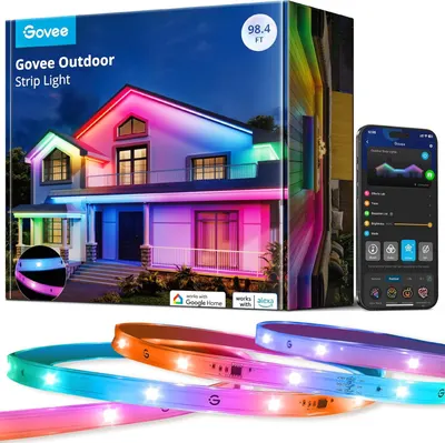 Shows the core product (outdoor LED strip lights) both in packaging and as physical strips to communicate what the buyer receives and its vibrant color-changing capabilities. Displays the retail…