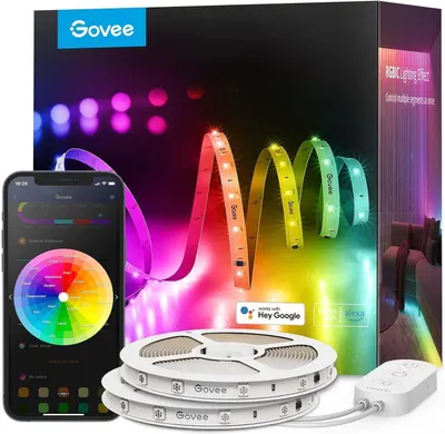 Shows the complete smart LED light strip system including the physical strips, control app interface, and voice assistant compatibility to communicate the product's smart home capabilities and…