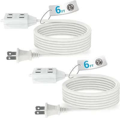 Shows the core product clearly - a white extension cord with USB charging ports and ETL certification, emphasizing its 6-foot length and dual functionality. Uses graphic overlays including the 6 FT…