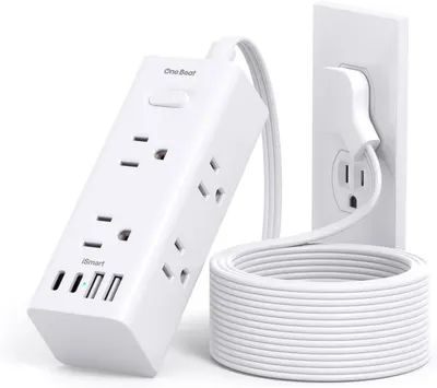 Shows the core product clearly - a power strip with multiple AC outlets and USB charging ports, along with its long white extension cord, allowing shoppers to see exactly what they will receive.…
