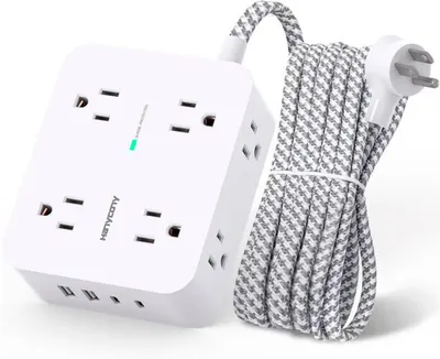 Shows the core product clearly on a white background to communicate its design, outlet configuration, USB charging ports, and included braided power cord for catalog browsing.