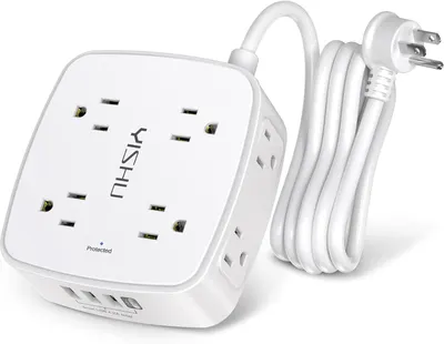 Shows the core product clearly on a white background to communicate its design, outlet configuration, and included power cord.