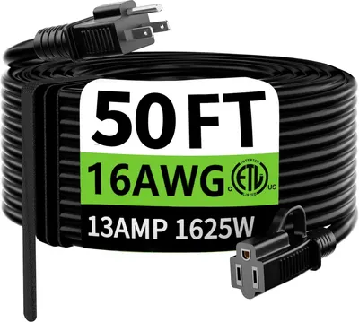 Shows the core product, a 50-foot extension cord with specifications clearly visible, to communicate the length, gauge, and power capacity to shoppers. Displays the product label showing key…