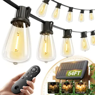 Shows the core product - solar-powered outdoor string lights with vintage Edison-style bulbs - along with its remote control and solar panel, demonstrating the complete lighting system and its…