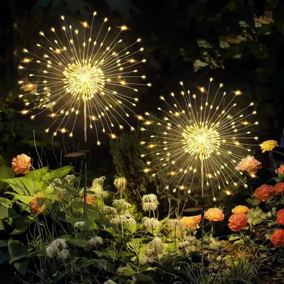 Shows the decorative solar lights in a real garden setting at night to demonstrate how they create a beautiful, festive ambiance in outdoor spaces. Demonstrates the product actively lit up and…