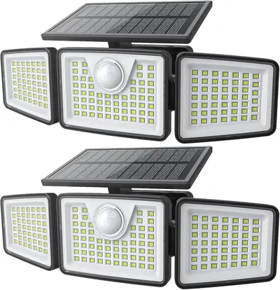 Shows the core product clearly with all its key components visible including the solar panel, motion sensor, and three adjustable LED light heads to help shoppers understand what they are purchasing.