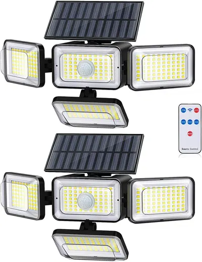 Shows the core product clearly with all its key components visible, including the solar panels, multiple LED light heads, motion sensor, and remote control, allowing shoppers to understand what they…