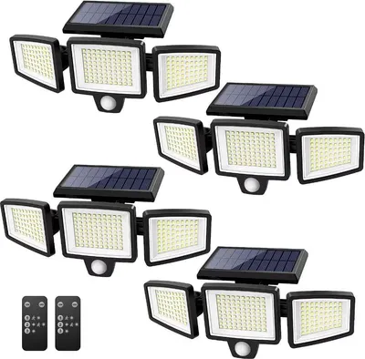 Displays the core product—a multi-pack of solar-powered LED security lights with motion sensors—to show shoppers exactly what they will receive, including the solar panels, adjustable light heads,…
