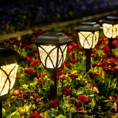 Shows the solar garden lights illuminated in a beautiful outdoor garden setting at night, demonstrating how they create warm ambient lighting and enhance landscaping aesthetics. Demonstrates the…
