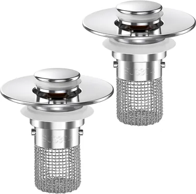Displays the core product clearly on a white background to show the drain stopper's construction, including the SUS304 stainless steel material and mesh filter basket design that prevents clogs.…