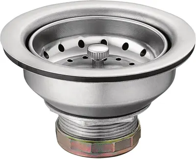 Displays the kitchen sink strainer as a clean catalog product shot, showing its stainless steel construction, drainage holes, center post mechanism, and threaded mounting hardware to help shoppers…