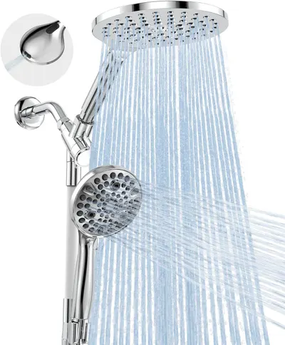 Displays the complete dual showerhead system with both overhead rainfall and handheld components, showing the chrome finish and design to help shoppers understand what they are purchasing.…