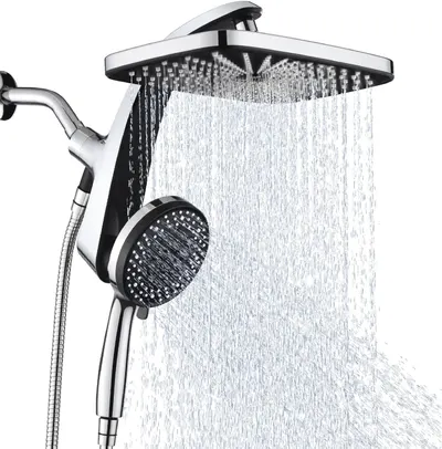 Displays the core product—a dual shower head system with both a rainfall head and handheld sprayer—clearly showing the complete set and its chrome finish to help shoppers understand what they are…
