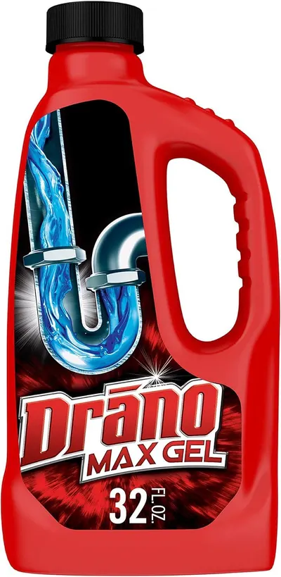 Shows the core product—a Drano Max Gel drain cleaner bottle—clearly displayed so shoppers can identify the brand, format, and size (32 FL OZ) they are purchasing. Uses a dramatic graphic…