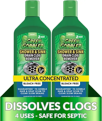 Shows the core product (two bottles of Green Gobbler drain cleaner) clearly so shoppers can see what they are purchasing, including key product features like ultra concentrated formula and…