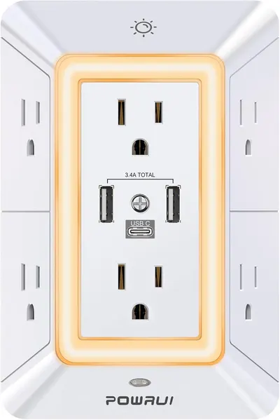 Shows the core product clearly on a white background, displaying all outlets and USB ports to communicate the product's functionality and design. Demonstrates the product's key features including…
