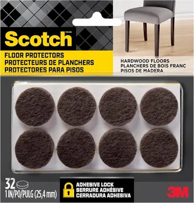 Displays the core product—a set of round felt floor protector pads—clearly visible in their packaging, allowing shoppers to see exactly what they are purchasing. Shows the retail packaging with…
