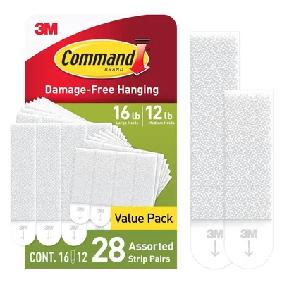 Shows the Command Brand hanging strips package and product contents to communicate the damage-free hanging solution and value pack offering of 28 assorted strip pairs. Displays the retail packaging…