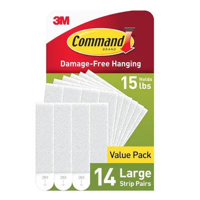 Shows the core product—Command Brand hanging strips in a value pack—clearly displaying the strips and key features like damage-free hanging and weight capacity to help shoppers understand what they…