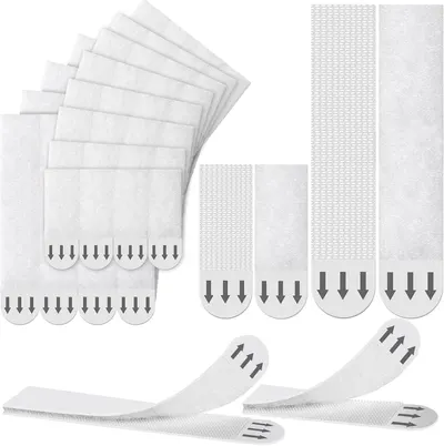 Shows the complete set of adhesive fastener strips in different sizes and configurations to communicate the variety and quantity included in the purchase. Demonstrates how the hook and loop…