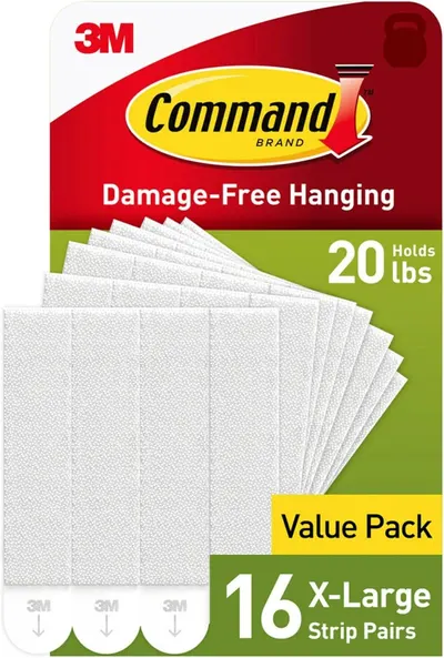 Shows the retail packaging to communicate the product quantity (16 X-Large Strip Pairs), weight capacity (20 lbs), and damage-free hanging benefit, helping shoppers understand what they will…