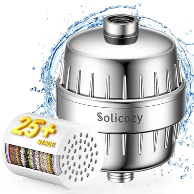 Displays the core shower filter product with its replacement cartridge to show shoppers what they will receive and communicate the quality construction. Uses water splash visual effects and a…