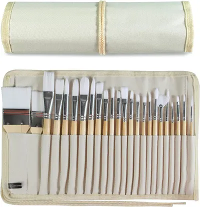 Shows the complete paint brush set with all included brushes in various sizes and shapes, demonstrating the variety and organization provided by the roll-up canvas case. Demonstrates how the brush…