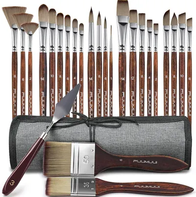 Displays the full range of brushes included in the set, showing shoppers the variety of shapes, sizes, and types available for different painting techniques. Shows the included accessories that come…