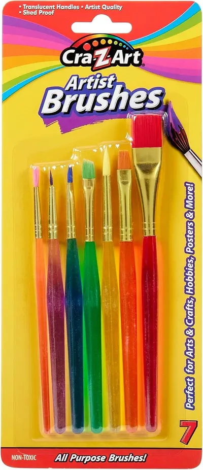 Shows the complete set of 7 artist brushes with colorful translucent handles, allowing shoppers to see exactly what they will receive and the variety of brush sizes included. Displays the product in…