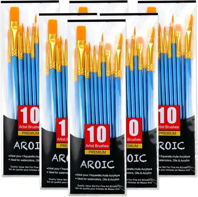 Displays the core product—a 10-piece premium artist brush set with blue handles and gold ferrules—clearly showing the variety of brush shapes and sizes included to help shoppers understand what they…