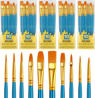Displays the complete set of 10 artist brushes with different tip shapes and sizes to show shoppers the variety included in the set and help them understand the versatility for different painting…