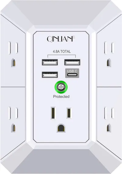Shows the core product - a wall outlet adapter with multiple USB ports and AC outlets - to communicate its charging capabilities and protected status to shoppers. Demonstrates the product's key…