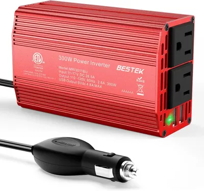 Displays the core product clearly with all its key features visible, including the power outlets, USB ports, and technical specifications printed on the device. Shows the car adapter cable to…