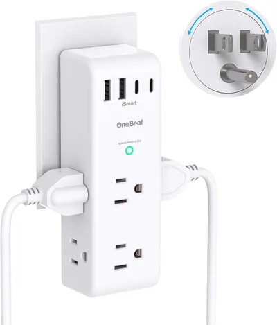 Shows the core product—a wall-mounted power strip with multiple USB and AC outlets—to communicate its multi-device charging capability and surge protection feature. Demonstrates the product's…