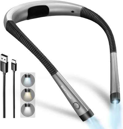 Shows the core product - a flexible neck light with adjustable gooseneck design and dual LED lights, communicating its hands-free lighting capability and USB charging feature. Uses graphic overlays…
